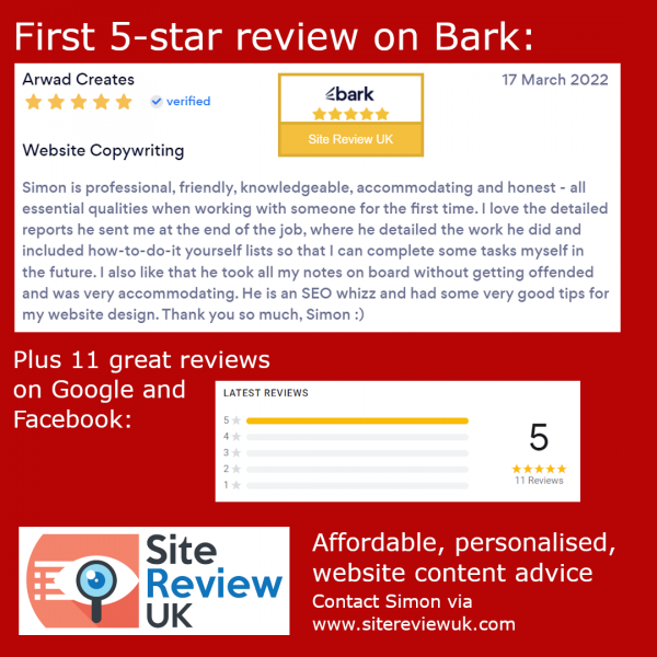 Latest news image. Site Review UK advert: First 5-star review on Bark