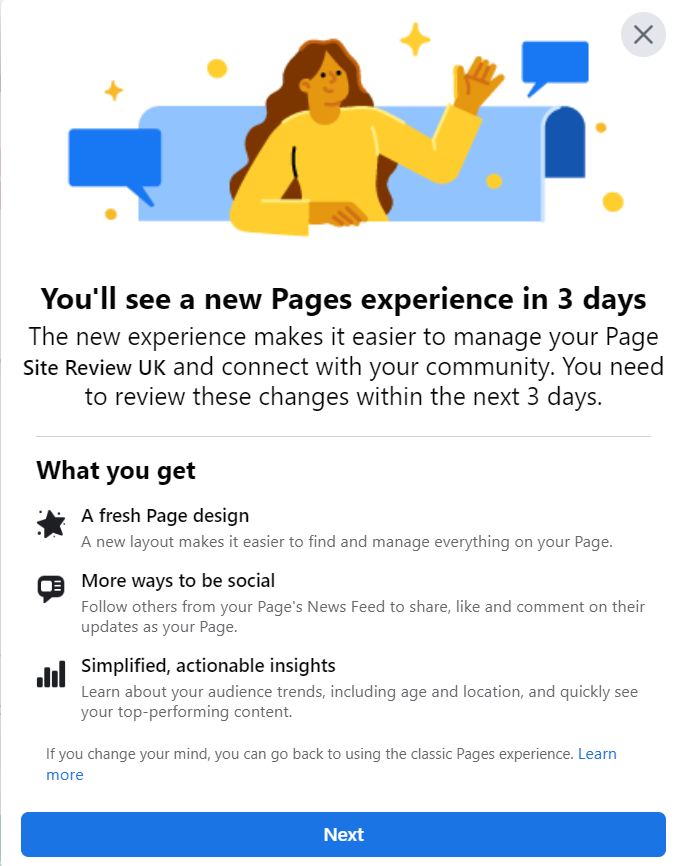 Facebook pop-up announcing new Pages experience
