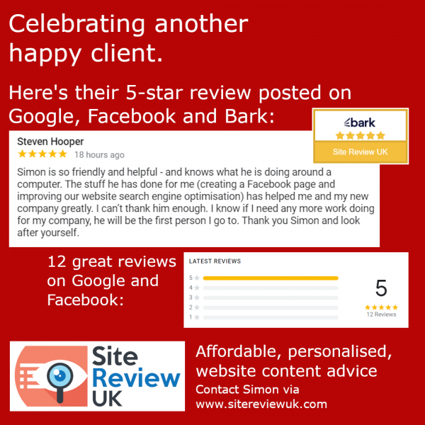 Latest news image. Site Review UK advert: New 5-star review on Google, Facebook and Bark