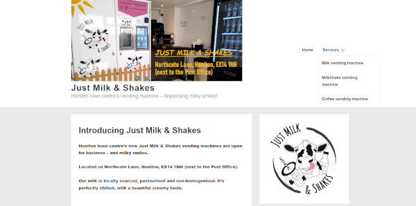 Website homepage for Just Milk & Shakes