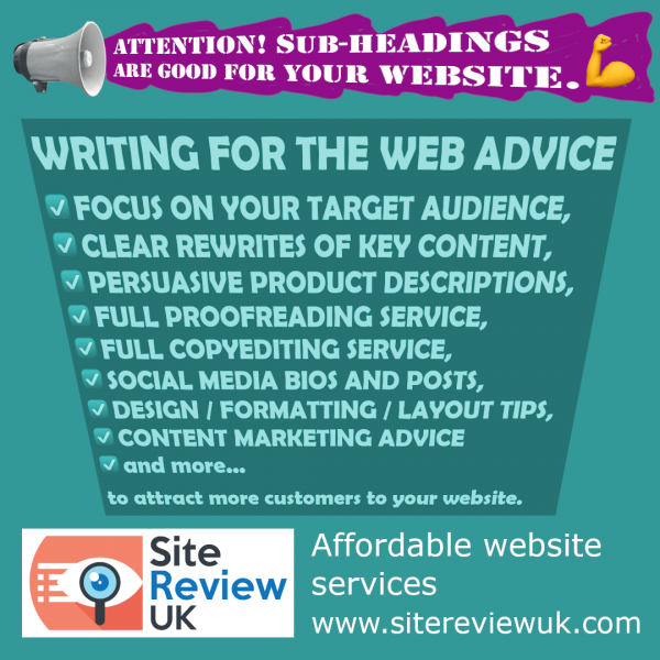 Latest news image. Site Review UK advert: Sub-headings are good for your website.