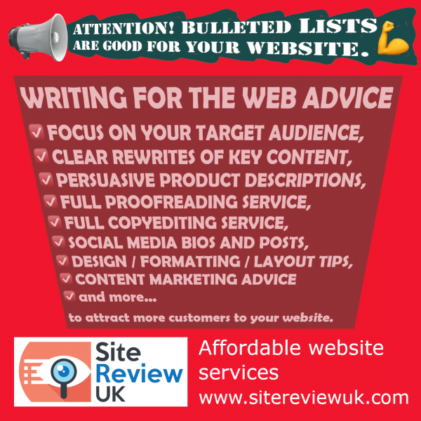 Latest news image. Site Review UK advert: Bulleted lists are good for your website.