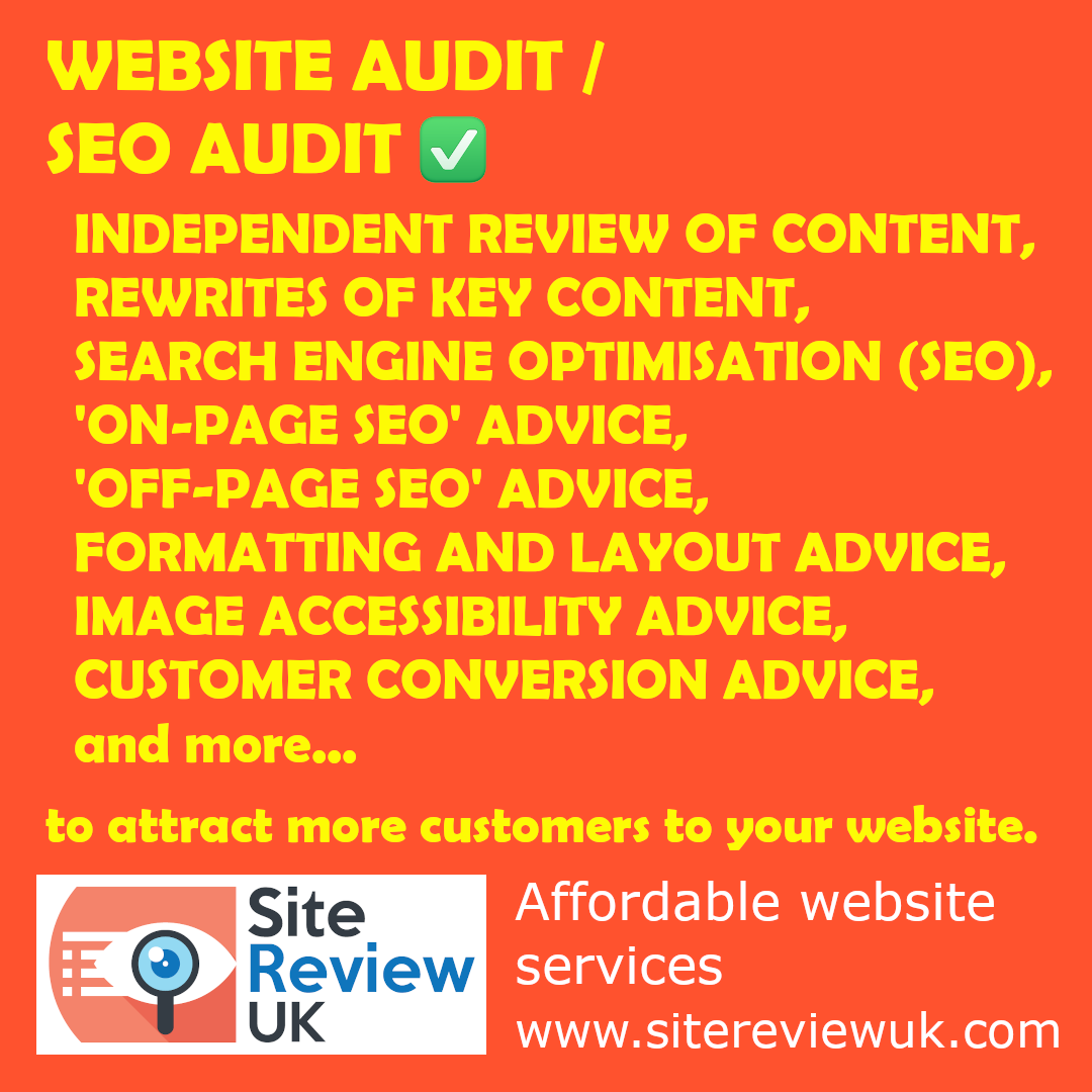 Latest news image. Site Review UK advert: Affordable website (and SEO) audit services.