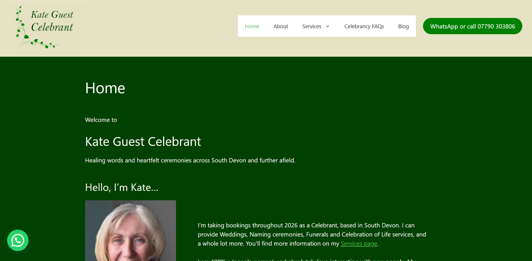 Website homepage design for Kate Guest Celebrant
