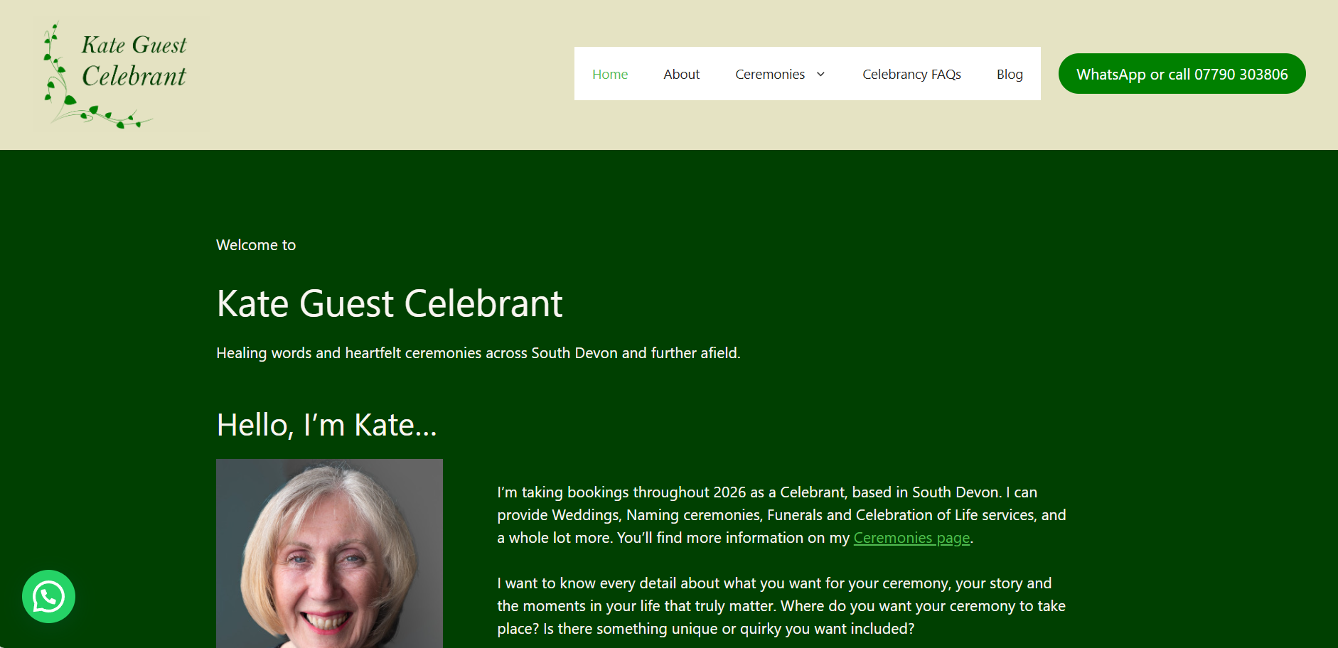 Website homepage design for Kate Guest Celebrant