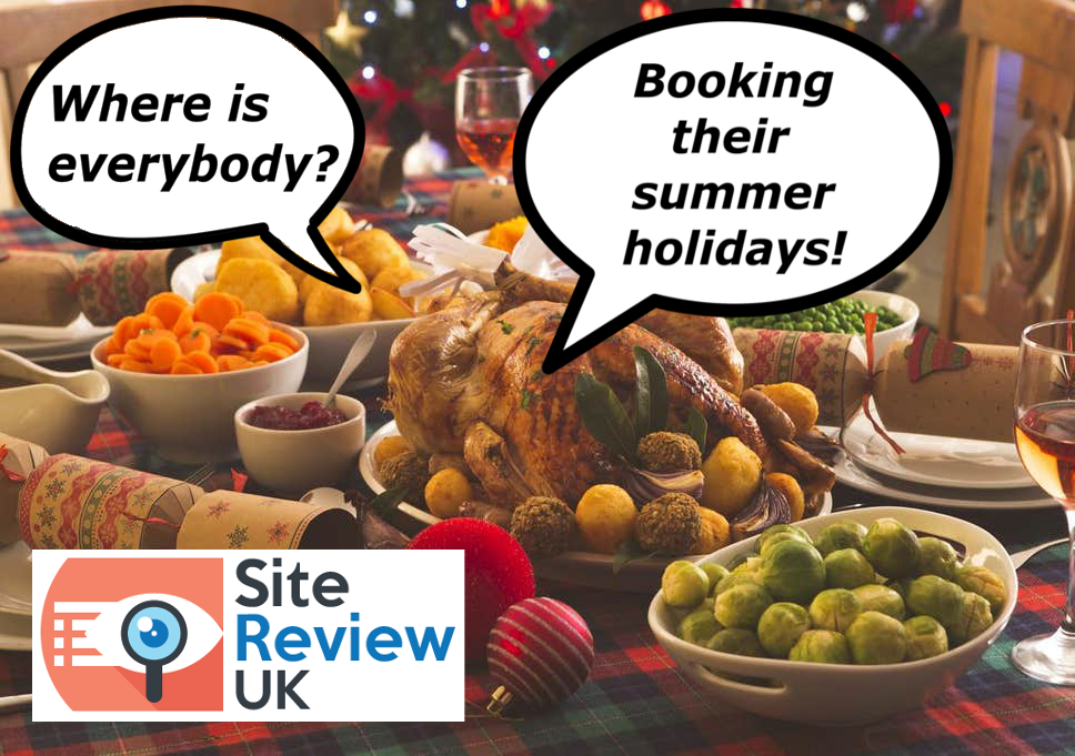 A Christmas meal all ready to eat. The roast potatoes are saying "Where is everybody?" and the roast turkey replies "Booking their summer holidays!"